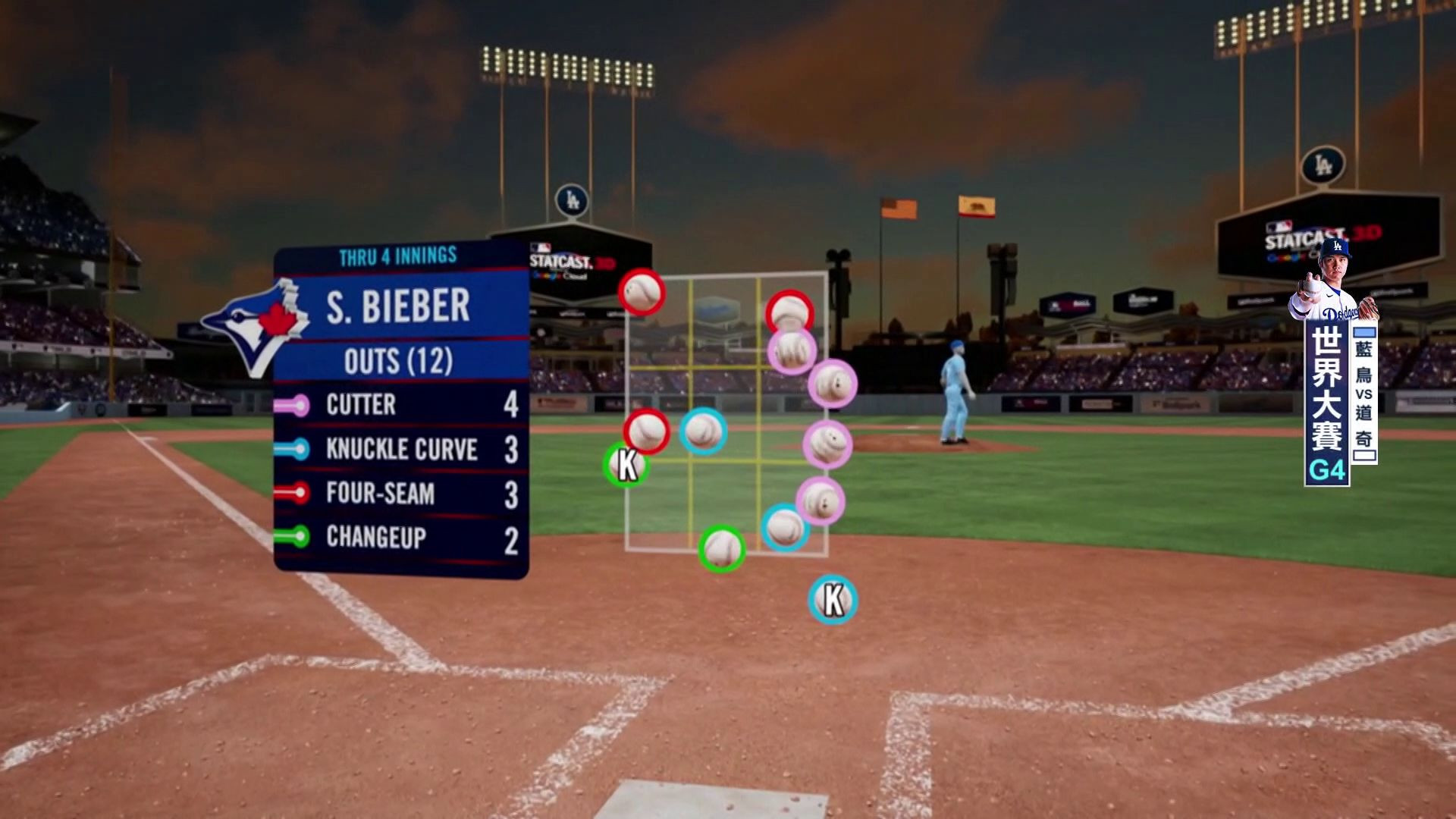 S.BIEBER前四局12個出局數球種數據-世界大賽#4藍鳥VS道奇
