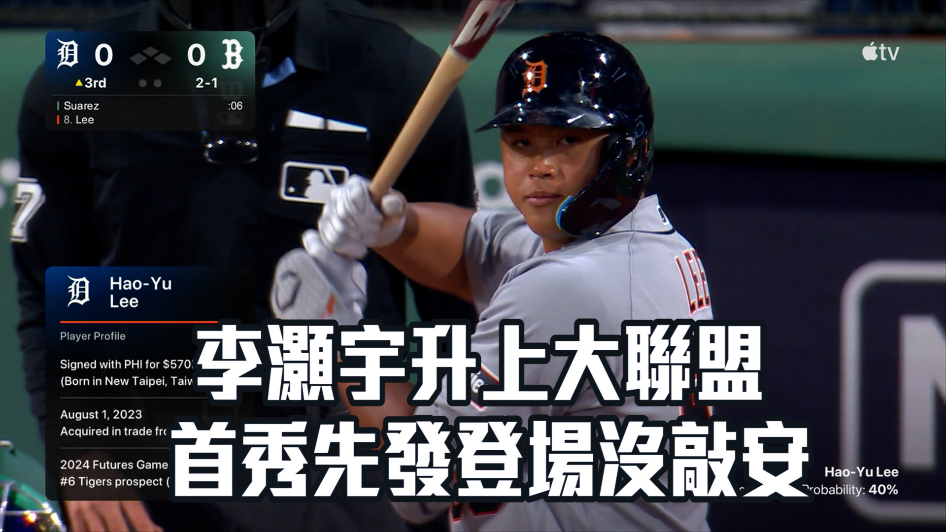 李灝宇升上大聯盟 首秀先發登場沒敲安