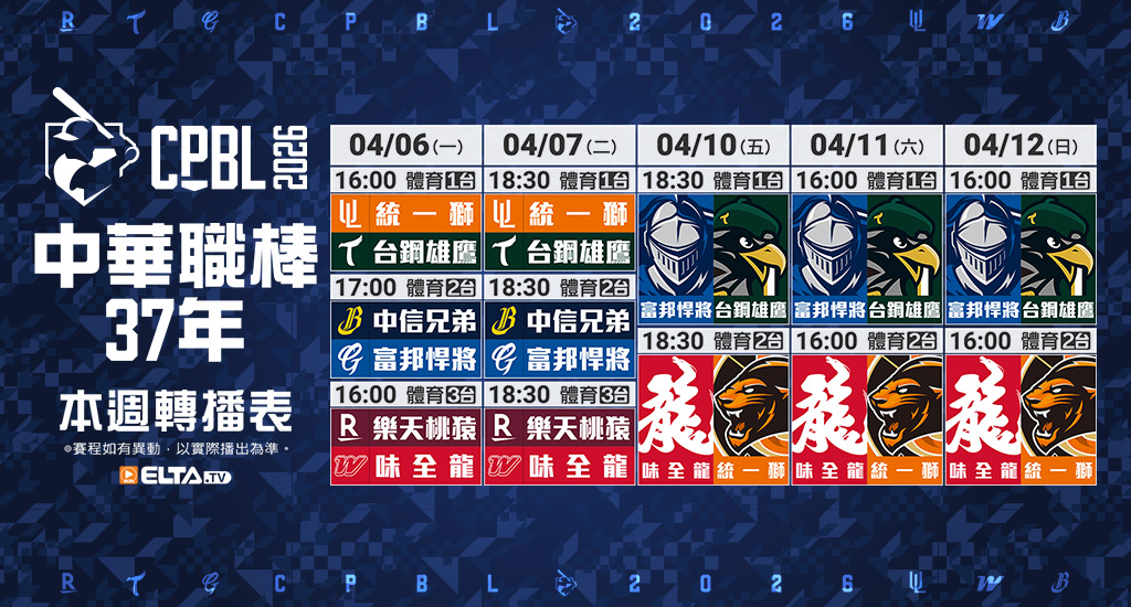 中華職棒37年 台鋼/富邦/味全/統一主場鎖定愛爾達