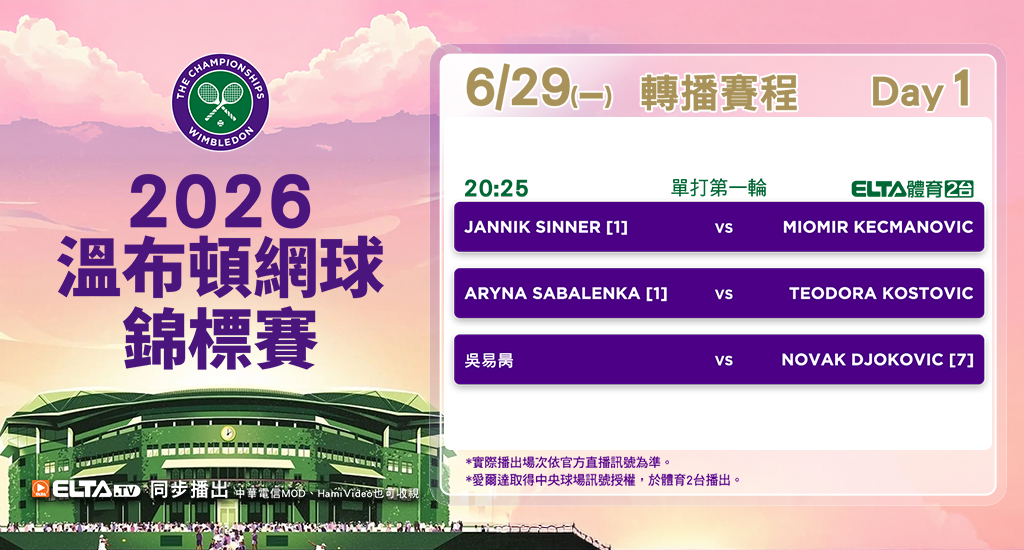 2026 溫布頓網球錦標賽 鎖定體育2台