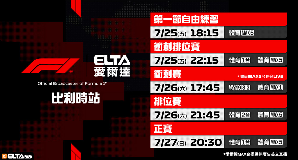2025 F1一級方程式賽車- 轉播預告