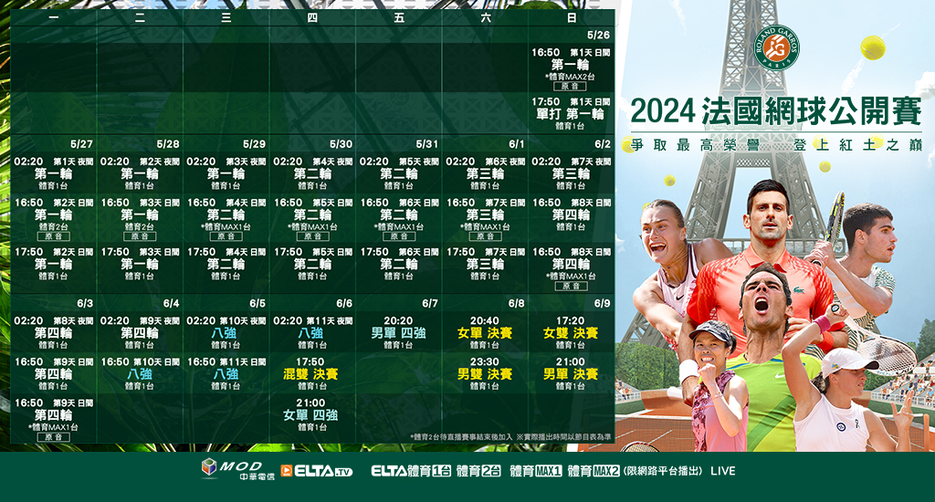 2024法國網球公開賽，鎖定愛爾達體育1台、體育2台、MAX1、MAX2台