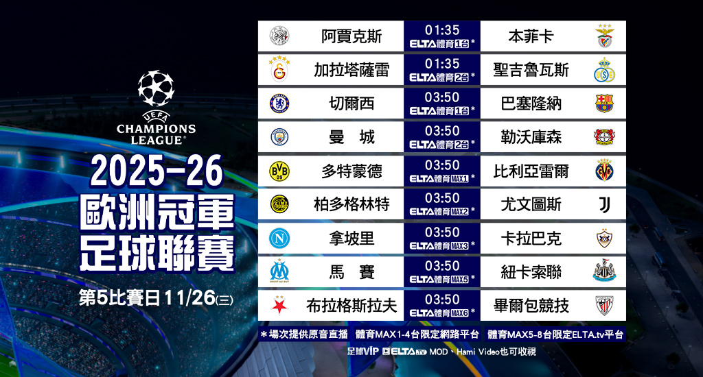 2025-26 歐冠足球聯賽 全台獨家鎖定愛爾達