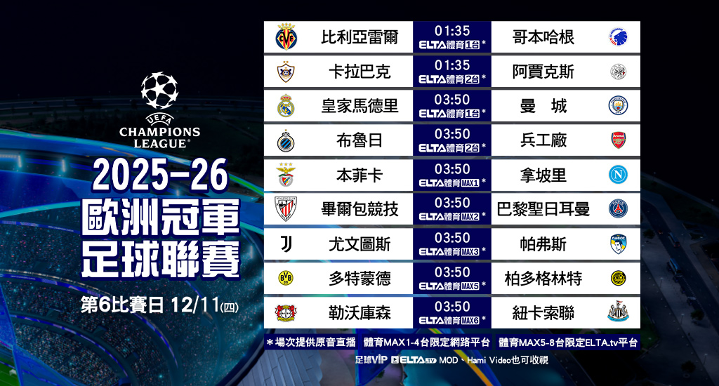 2025-26 歐冠足球聯賽 全台獨家鎖定愛爾達