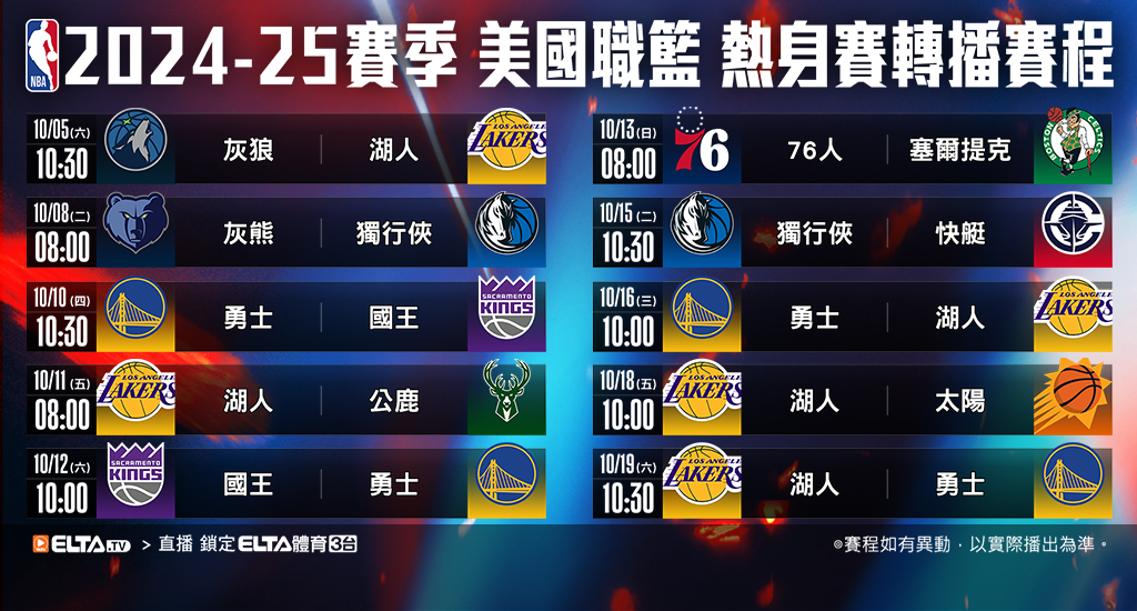 2024-25賽季NBA熱身賽共10場鎖定愛爾達體育3台