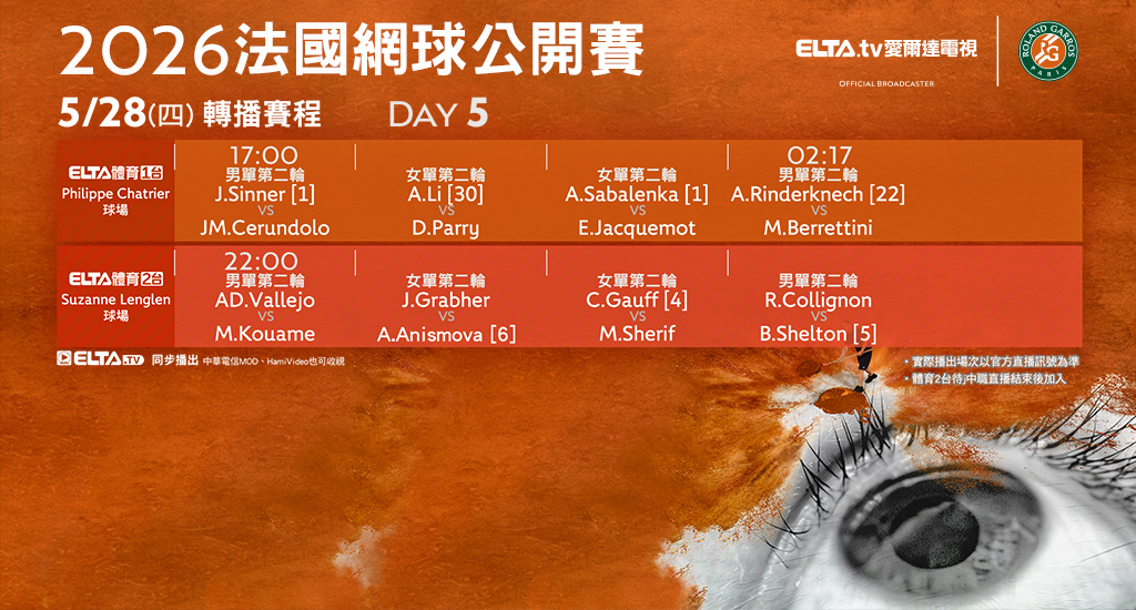 2026 法國網球公開賽 鎖定愛爾達電視