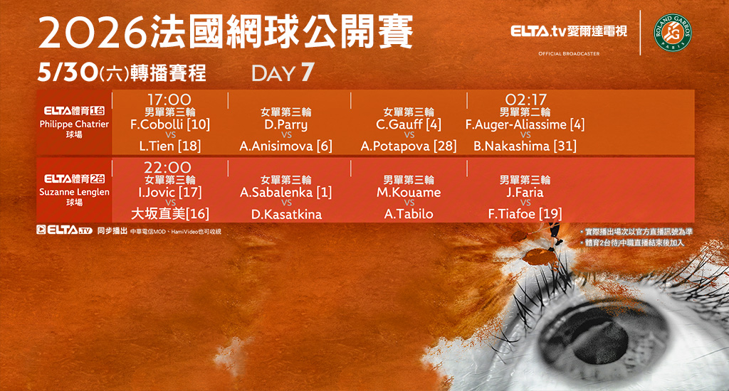 2026 法國網球公開賽 鎖定愛爾達電視