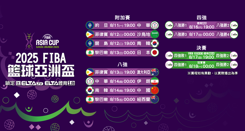FIBA籃球亞洲盃完整轉播鎖定愛爾達體育1台為中華隊加油