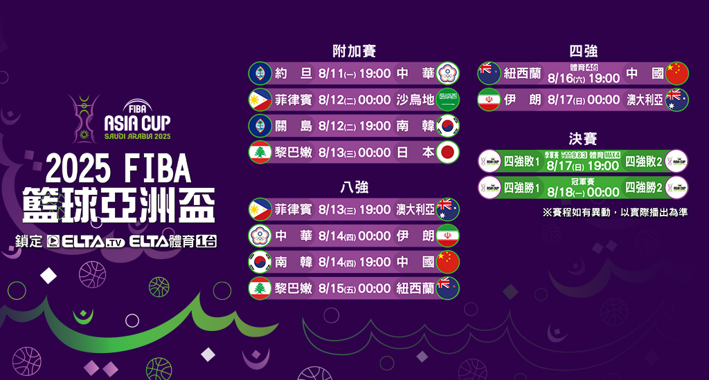 FIBA籃球亞洲盃完整轉播鎖定愛爾達體育1台為中華隊加油
