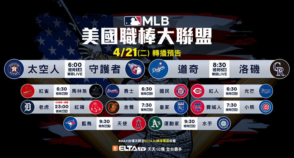 MLB 美國職棒大聯盟 - 天天10場直播鎖定ELTA.tv