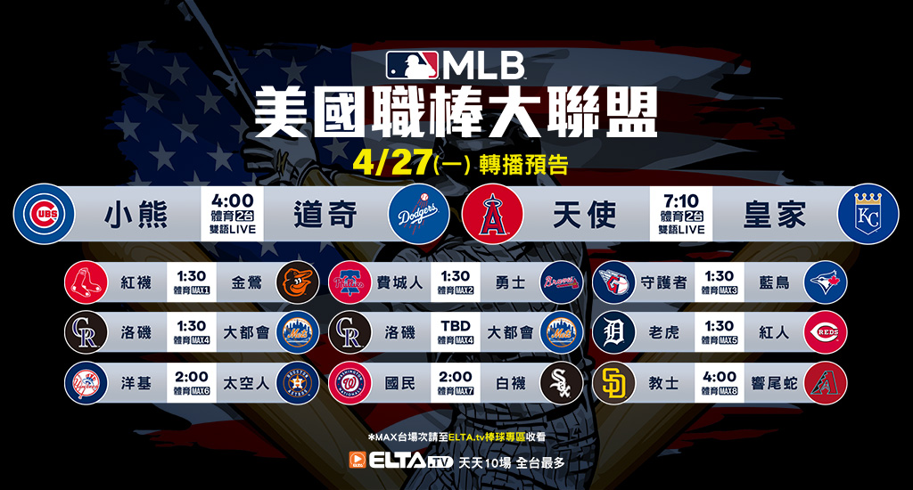 MLB 美國職棒大聯盟 - 天天10場直播鎖定ELTA.tv