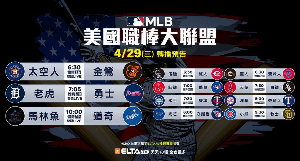 MLB 美國職棒大聯盟 - 天天10場直播鎖定ELTA.tv