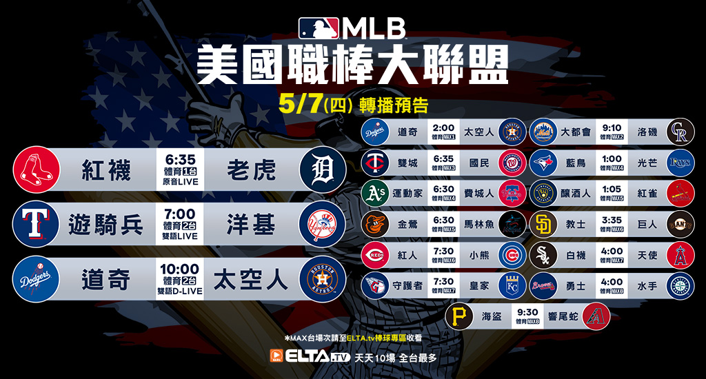 MLB 美國職棒大聯盟 - 天天10場直播鎖定ELTA.tv