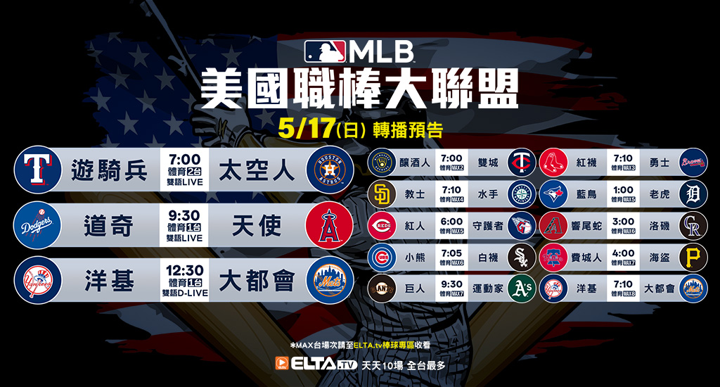 MLB 美國職棒大聯盟 - 天天10場直播鎖定ELTA.tv
