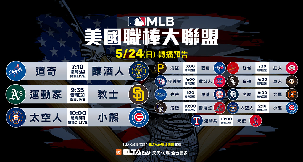 MLB 美國職棒大聯盟 - 天天10場直播鎖定ELTA.tv