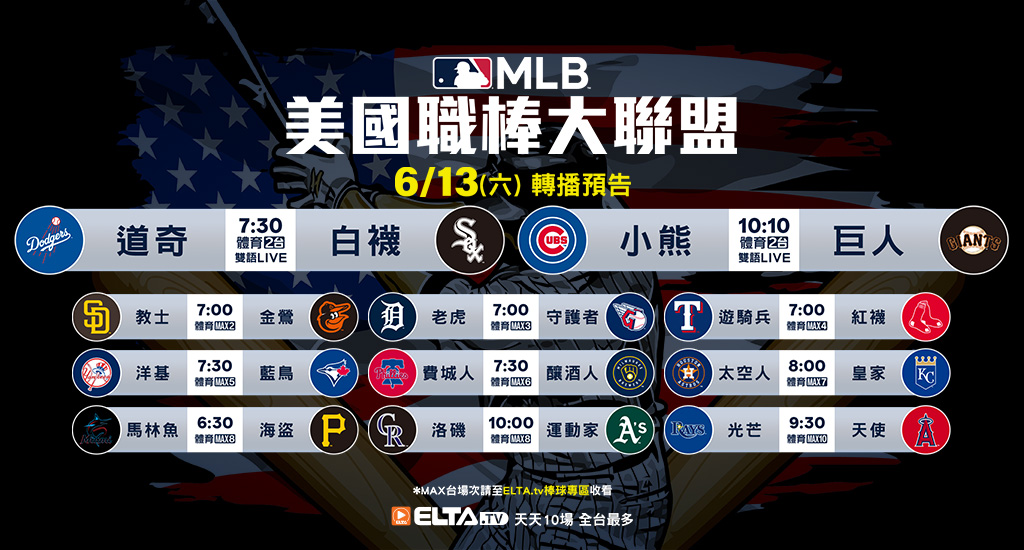 MLB 美國職棒大聯盟 - 天天10場直播鎖定ELTA.tv