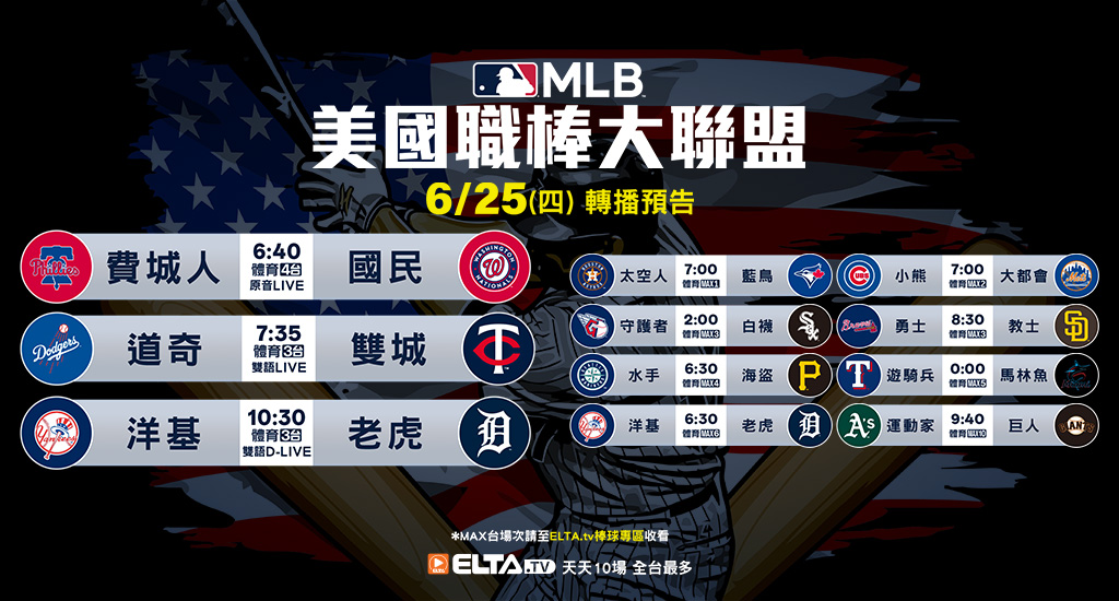 MLB 美國職棒大聯盟 - 天天10場直播鎖定ELTA.tv