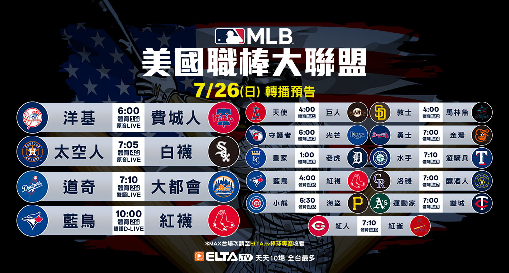 MLB 美國職棒大聯盟 - 天天10場直播鎖定ELTA.tv