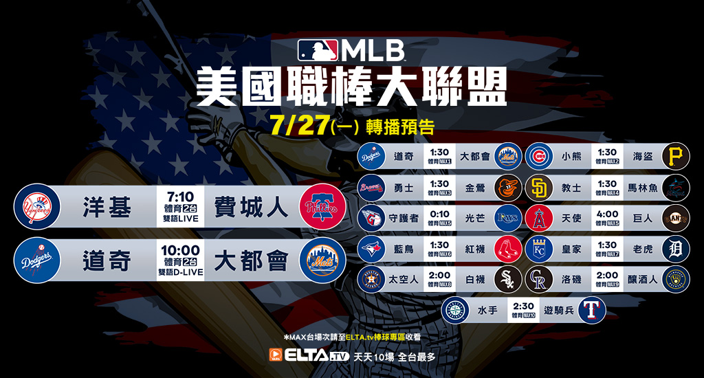MLB 美國職棒大聯盟 - 天天10場直播鎖定ELTA.tv