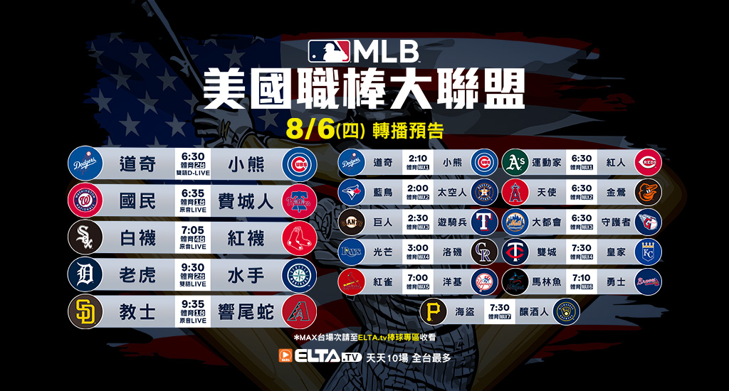 MLB 美國職棒大聯盟 - 天天10場直播鎖定ELTA.tv