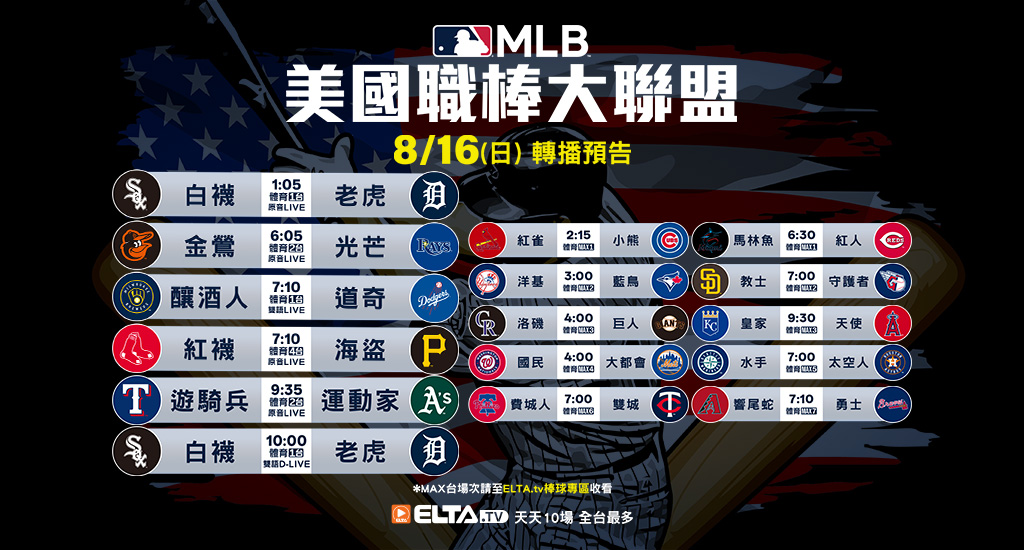 MLB 美國職棒大聯盟 - 天天10場直播鎖定ELTA.tv