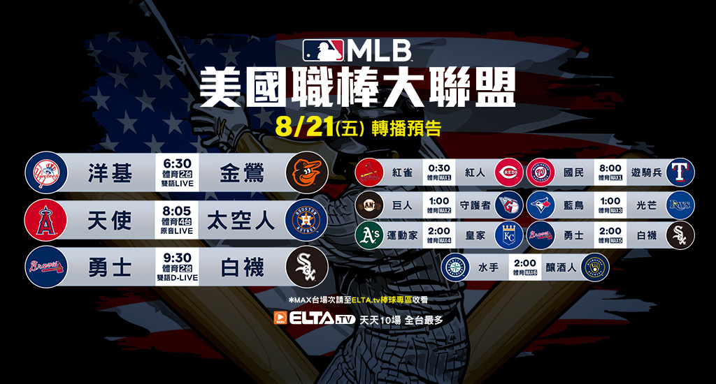 MLB 美國職棒大聯盟 - 天天10場直播鎖定ELTA.tv
