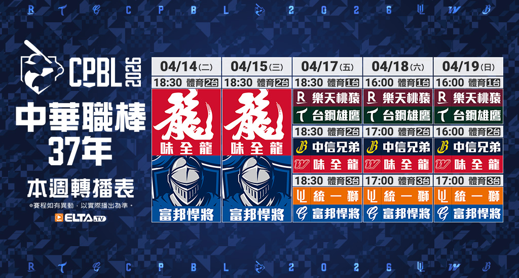 中華職棒37年 台鋼/富邦/味全/統一主場鎖定愛爾達