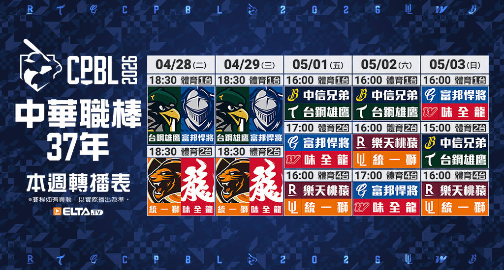 中華職棒37年 台鋼/富邦/味全/統一主場鎖定愛爾達