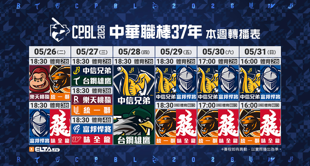 中華職棒37年 台鋼/富邦/味全/統一主場鎖定愛爾達
