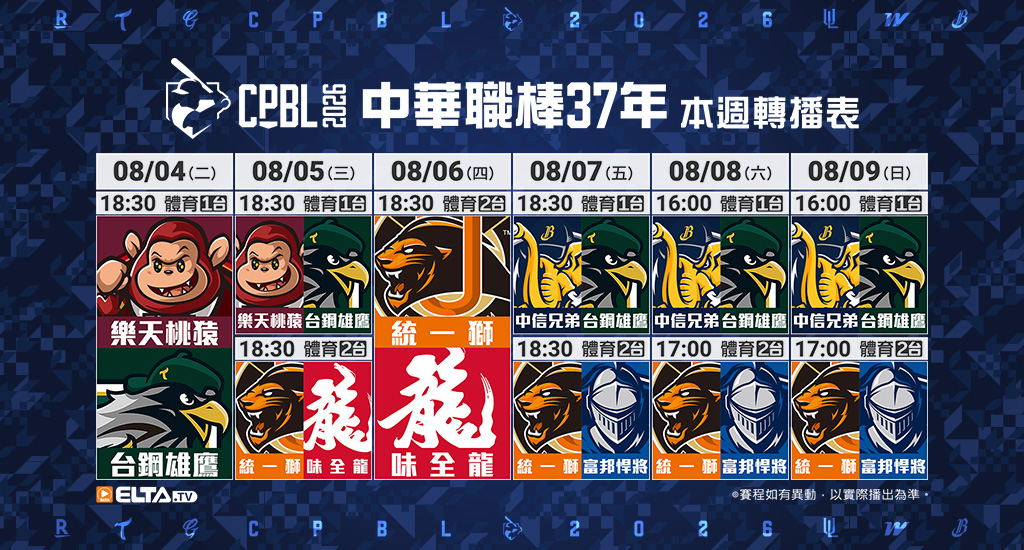中華職棒37年 台鋼/富邦/味全/統一主場鎖定愛爾達