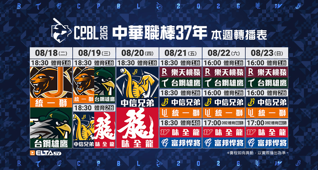 中華職棒37年 台鋼/富邦/味全/統一主場鎖定愛爾達