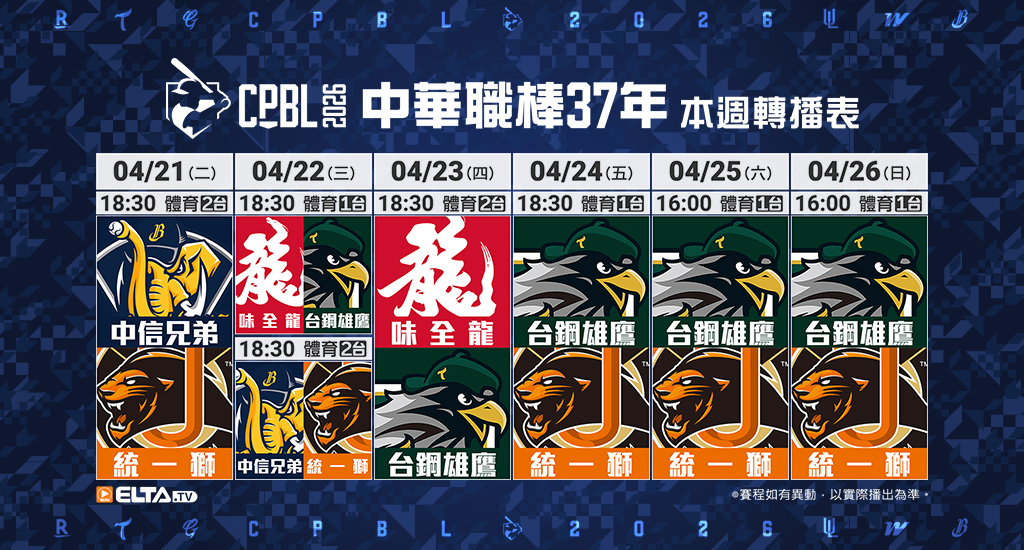 中華職棒37年 台鋼/富邦/味全/統一主場鎖定愛爾達