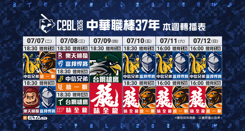 中華職棒37年 台鋼/富邦/味全/統一主場鎖定愛爾達